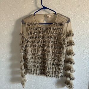 Anthropologie Beige Sequined Ruffle Blouse